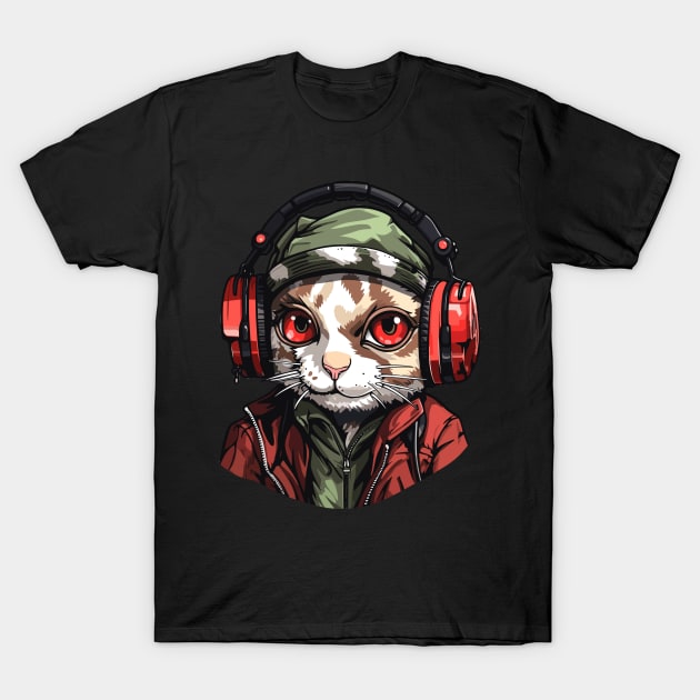 Hardbass Cat With Rave Music Headphones T-Shirt by Piggy Boxer